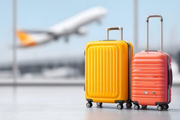 Suitcases Ready for Travel with Plane Background