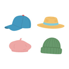 Set of Different Style Headwear Flat Vector Icons: Baseball Cap, Straw Hat, Beanie and Beret for Fashion and Protection, Isolated on White
