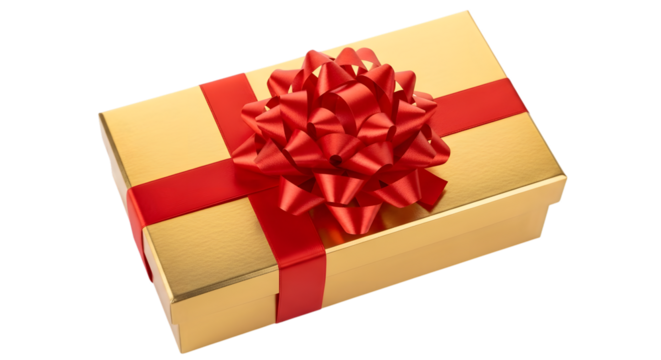 A single golden gift box with a bright red ribbon and a large red bow, isolated on transparent background