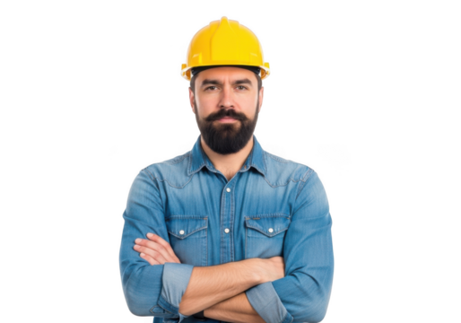 Professional construction worker with beard and yellow hard hat wearing denim shirt with arms crossed isolated on transparent background