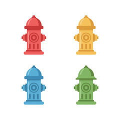 Set of Colorful Fire Hydrant Flat Vector Icons: Public Safety Equipment and Urban City Element Isolated on White Background