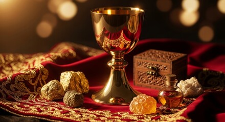 Golden chalice with decorative objects on red fabric background  