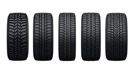 Five different car tires isolated on transparent background