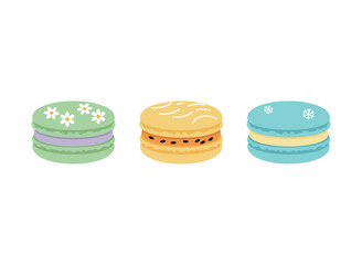 Set of Colorful French Macarons Flat Vector Icons: Sweet Dessert with Different Flavors and Toppings Isolated on White Background