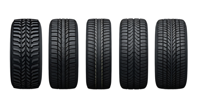 Five different car tires isolated on transparent background