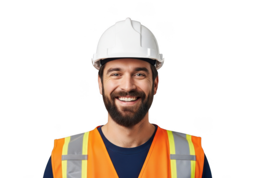 Smiling bearded construction worker wearing white hard hat and orange safety vest isolated on transparent background