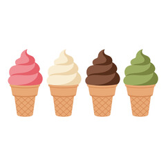 Set of Colorful Soft Serve Ice Cream Cone Flat Vector Icons: Delicious Frozen Dessert with Various Flavors Isolated on White Background