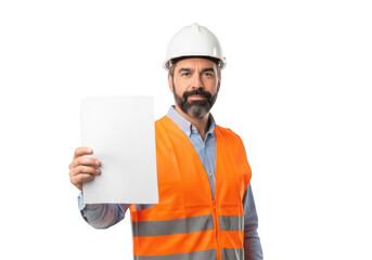 Bearded construction worker wearing a white hard hat and orange safety vest holding a blank document isolated on transparent background