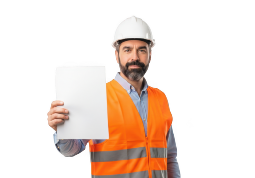 Bearded construction worker wearing a white hard hat and orange safety vest holding a blank document isolated on transparent background - Powered by Adobe