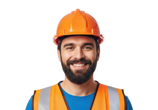 Smiling construction worker wearing an orange hard hat and reflective safety vest isolated on transparent background