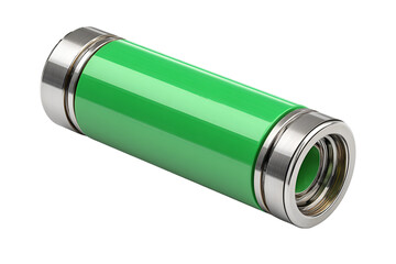 A close-up of a green pipe featuring a shiny metal ring attached to its side, isolated on transparent background