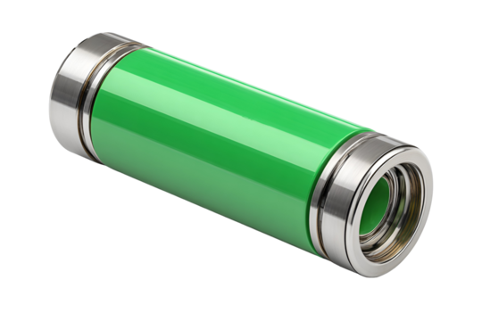 A close-up of a green pipe featuring a shiny metal ring attached to its side, isolated on transparent background