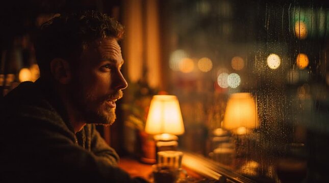 portrait of a thoughtful man in his 30s sitting in a cozy caf&eacute; at night, warm table-lamp light on his face as he gazes out at a rainy street, creating a contemplative, melancholic mood.