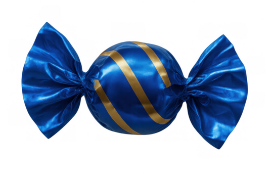 Blue and gold striped bonbon candy in shiny twist wrapper, isolated, sweet treat for celebration