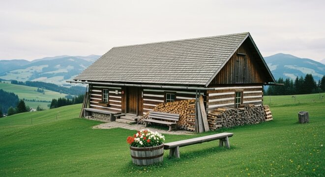 Rustic log cabin on a green mountain hillside. Traditional wooden cottage for ecotourism. Sustainable living concept with natural materials. Scenic alpine landscape for a peaceful getaway