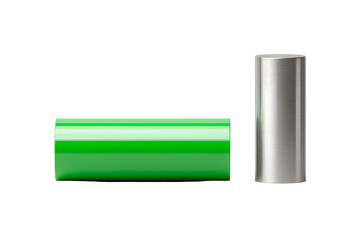 A close-up of a green pipe featuring a shiny metal ring attached to its side, isolated on transparent background