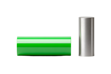 A close-up of a green pipe featuring a shiny metal ring attached to its side, isolated on transparent background