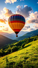 Fototapeta premium Colorful hot air balloon soaring over lush green hills and mountains at sunset