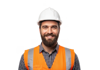 Smiling bearded man wearing white hard hat and orange safety vest isolated on transparent background
