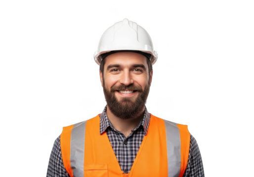 Smiling bearded man wearing white hard hat and orange safety vest isolated on transparent background