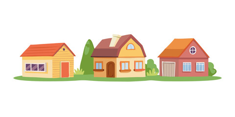Fototapeta premium Isolated cartoon houses set. Simple suburban houses. Concept of real estate, property and ownership. vector icon 