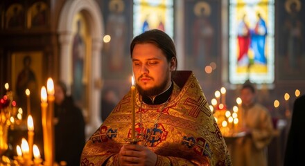 Young man praying with candle in ornate church during service  