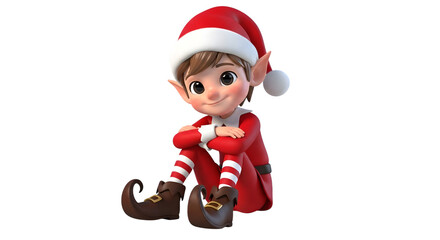 Obraz premium A cute cartoon elf wearing a red santa hat and suit, sitting down with a friendly smile, isolated on transparent background