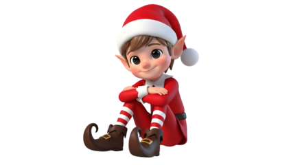 A cute cartoon elf wearing a red santa hat and suit, sitting down with a friendly smile, isolated on transparent background