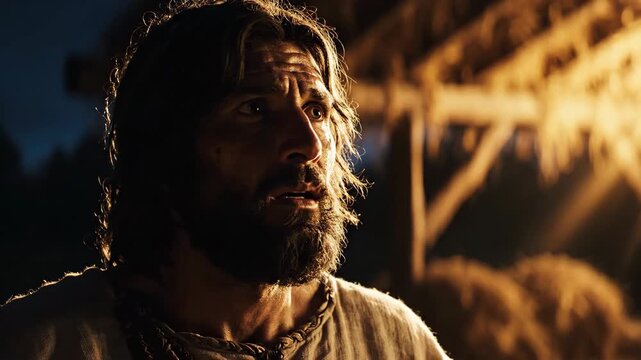 caucasian man with beard looks up in awe, his face lit by divine golden light. joseph, biblical scene of christmas nativity story. faith and miracle concept.