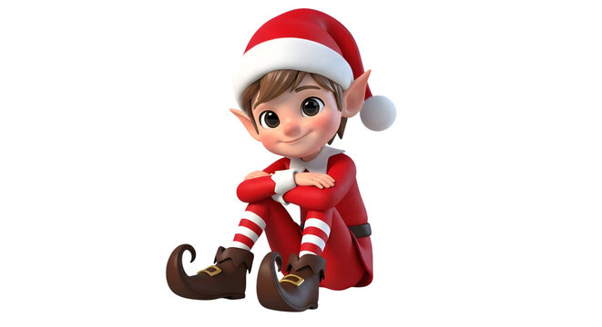 A cute cartoon elf wearing a red santa hat and suit, sitting down with a friendly smile, isolated on transparent background