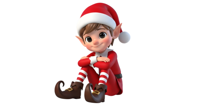 A cute cartoon elf wearing a red santa hat and suit, sitting down with a friendly smile, isolated on transparent background