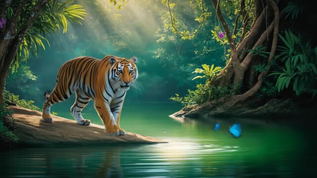 Majestic Bengal Tigers Walking Through a Lush Sunlit Jungle by a Serene River with Vibrant Blue Butterflies Fluttering Nearby