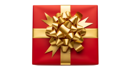 A red gift box with a gold ribbon and bow, viewed from directly above, isolated on transparent background