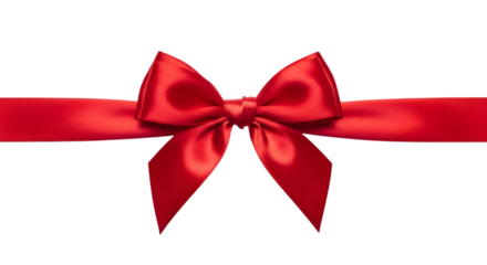 A single, vibrant red satin ribbon tied into a perfect bow, isolated on a clean transparent background, symbolizing celebration and giftgiving