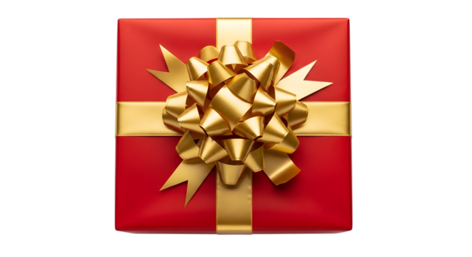 A red gift box with a gold ribbon and bow, viewed from directly above, isolated on transparent background