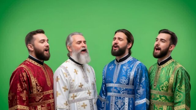 Four orthodox men singing in a choir, moving their mouth and head in unison on a green chroma key background, video footage