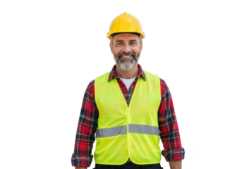 Smiling bearded construction worker wearing yellow hard hat and high visibility vest isolated on transparent background