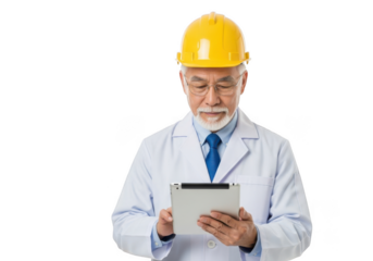 Elderly asian man wearing a yellow hard hat and white lab coat examines a tablet computer isolated on transparent background