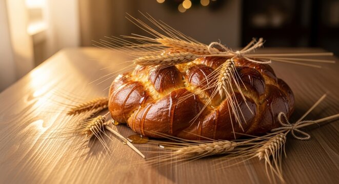Freshly baked challah bread with wheat on wooden table  