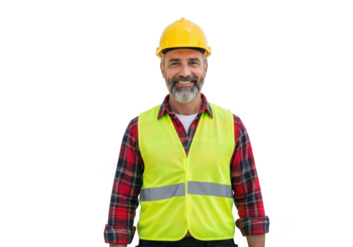 Smiling bearded construction worker wearing yellow hard hat and high visibility vest isolated on transparent background - Powered by Adobe