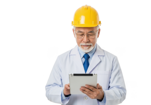 Elderly asian man wearing a yellow hard hat and white lab coat examines a tablet computer isolated on transparent background