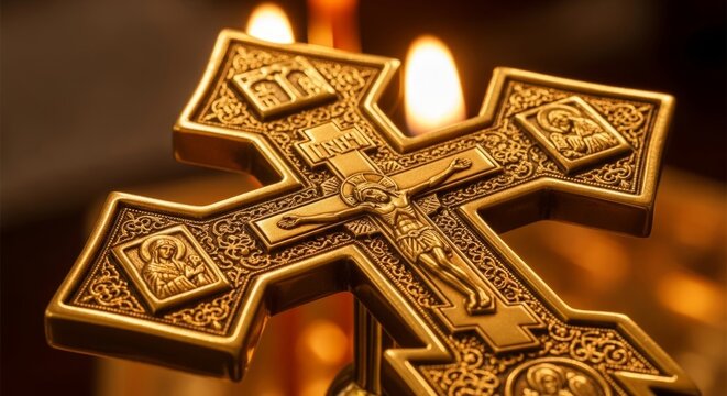 Detailed golden cross with religious icons against warm candlelight