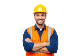 Smiling construction worker wearing a bright yellow hard hat and orange safety vest with arms crossed isolated on transparent background