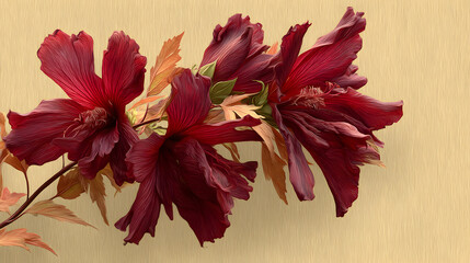Dramatic Red Clematis Blooms Against a Soft Beige Backdrop.