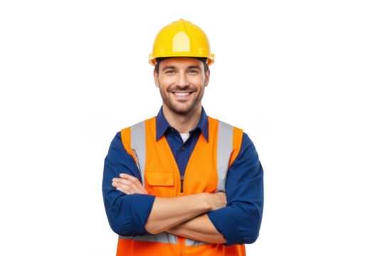 Smiling construction worker wearing a bright yellow hard hat and orange safety vest with arms crossed isolated on transparent background