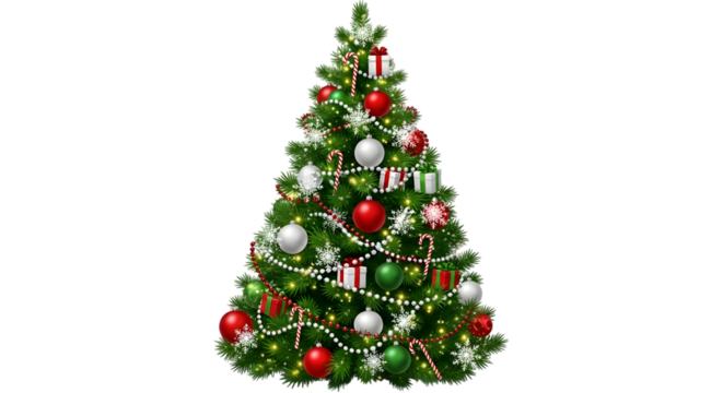 A beautifully decorated christmas tree with ornaments, lights, and presents isolated on transparent background