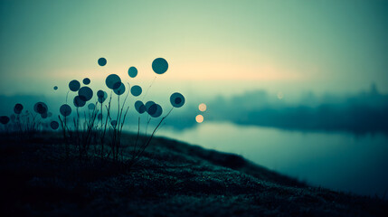 Dreamy Landscape with Silhouetted Flowers at Dusk.