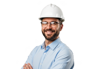 A smiling construction worker wearing a white hard hat and blue collared shirt with arms crossed isolated on transparent background