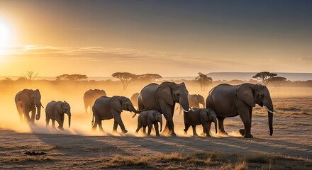 Fototapeta premium Herd of african elephants walking across savanna at sunrise