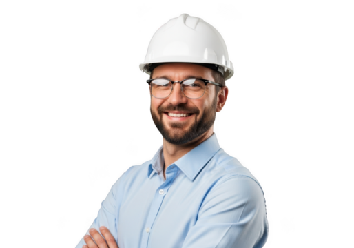 A smiling construction worker wearing a white hard hat and blue collared shirt with arms crossed isolated on transparent background